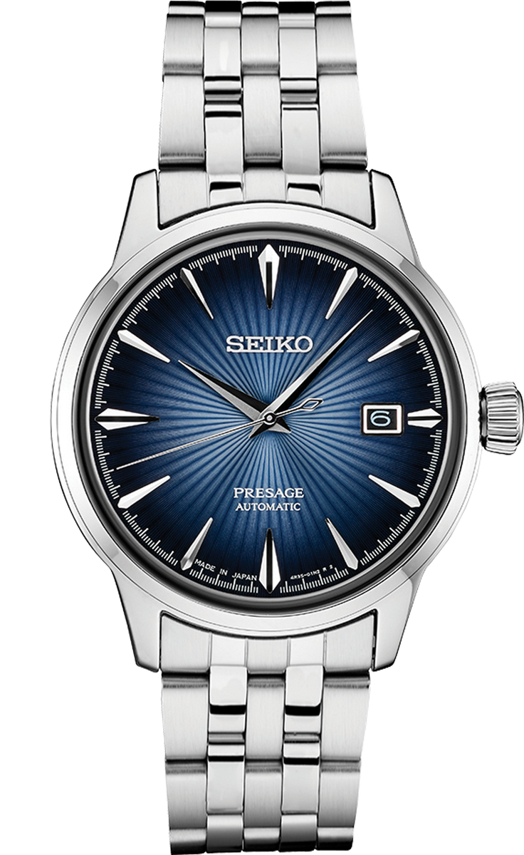 Seiko Presage in frontaler Ansicht mit blauem Zifferblatt und Edelstahlarmband