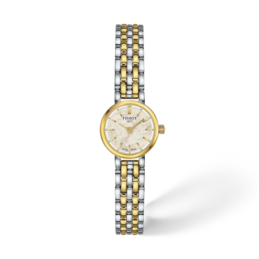Tissot Lovely Round T140.009.22.111.00 – Vorderansicht mit weißem Perlmuttzifferblatt und Bicolor-Metallarmband