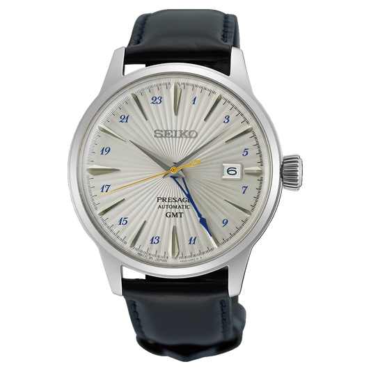 Seiko Presage Cocktail Time GMT SSK049J1 – Vorderansicht, silberfarbenes Zifferblatt und schwarzes Lederband