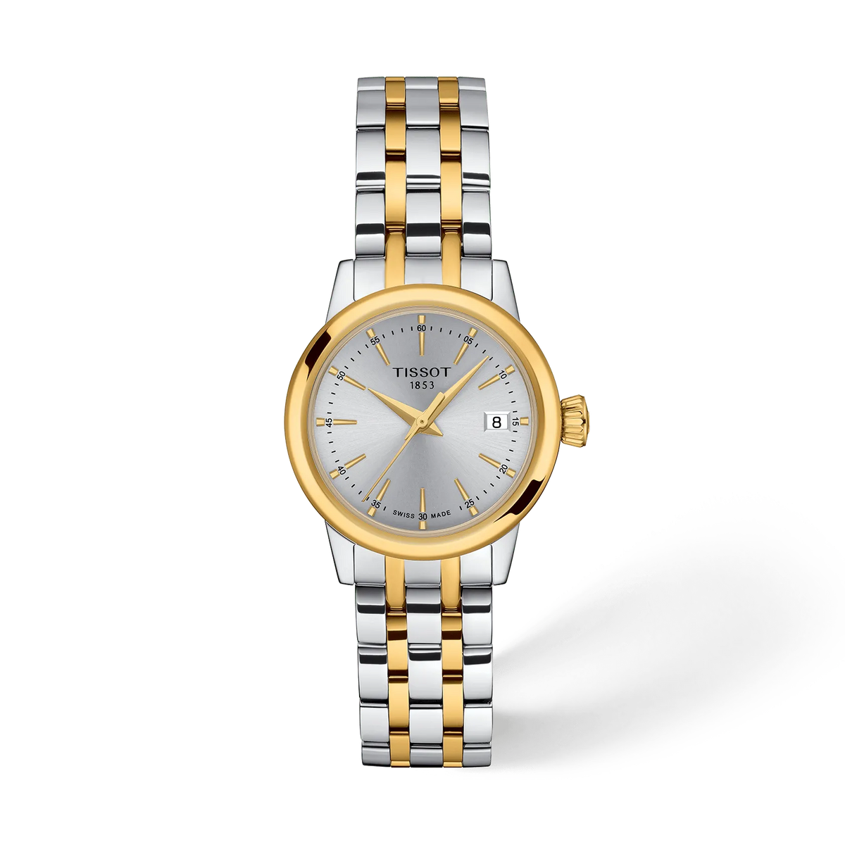 Vorderansicht der Uhr Tissot Classic Dream 28mm mit Schatten · T129.210.22.031.00
