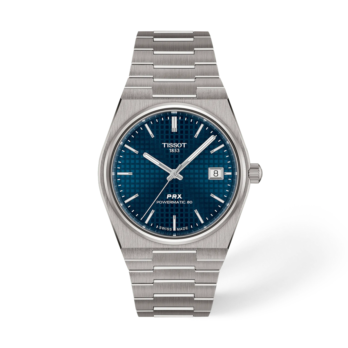 Vorderansicht der Uhr Tissot PRX Titan 38mm mit Schatten · T137.807.44.041.00