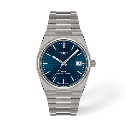 Vorderansicht der Uhr Tissot PRX Titan 38mm mit Schatten · T137.807.44.041.00
