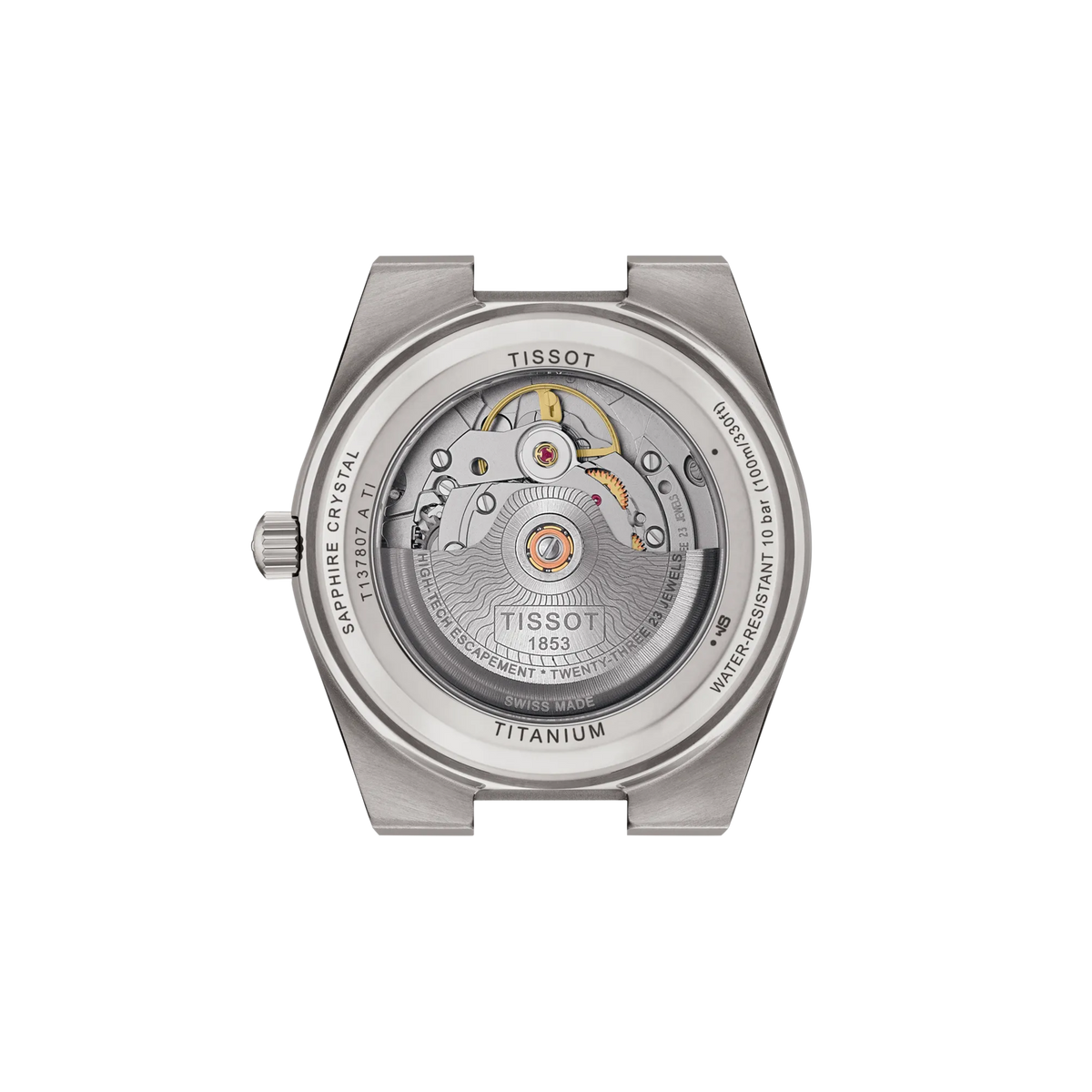 Rückansicht des Gehäuses der Uhr Tissot PRX Titan 38mm · T137.807.44.041.00