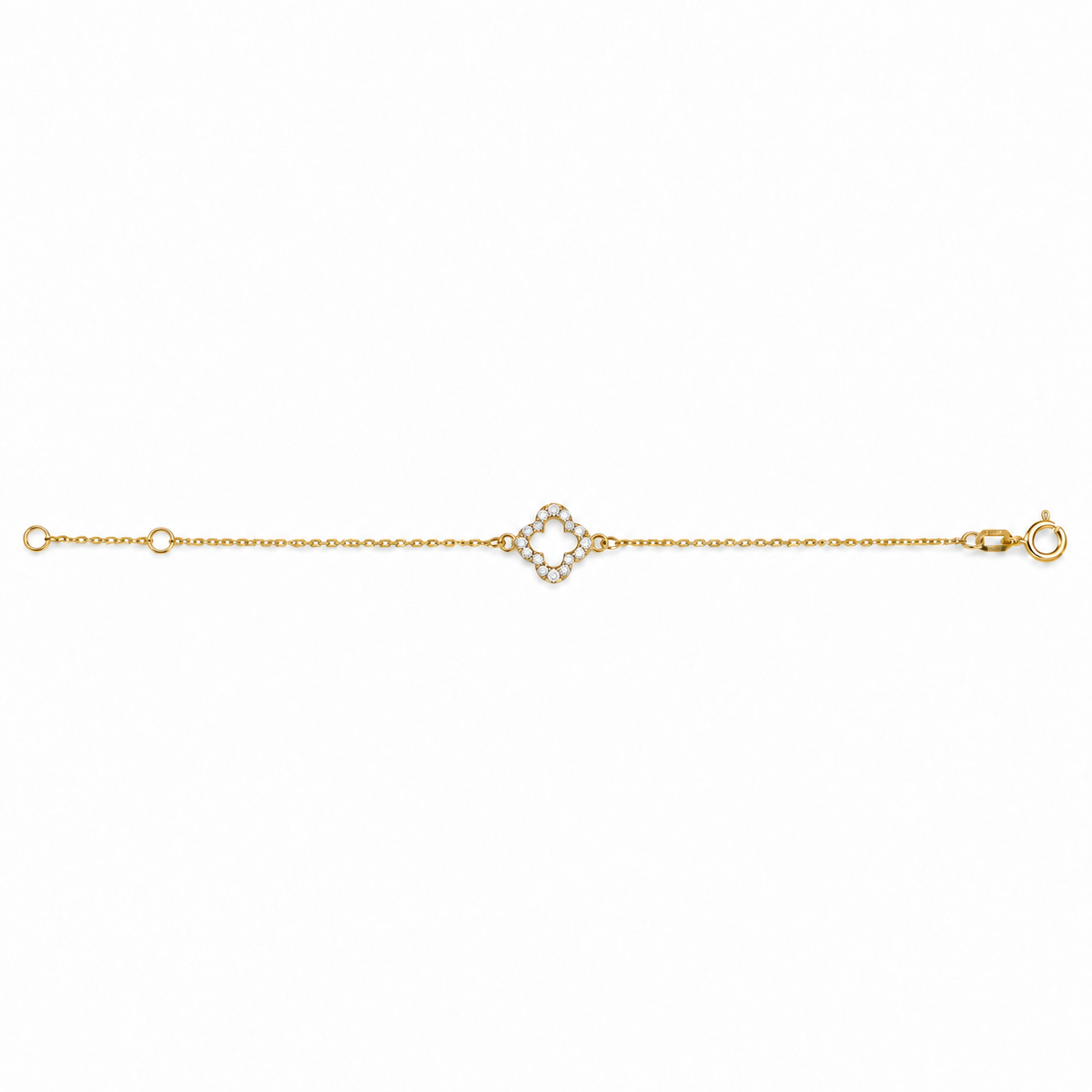 Quadrifoglio Luce – Kleeblattarmband aus Gelbgold – Produktansicht mit korrigierter Verstellöse nach Originalfoto