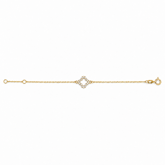 Quadrifoglio Luce – Kleeblattarmband aus Gelbgold – Produktansicht mit korrigierter Verstellöse nach Originalfoto