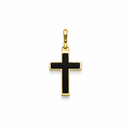 Nocturne Petite – Kreuzanhänger mit Onyx aus Gelbgold – überarbeitete Detaildarstellung